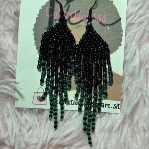Black & Gray Beaded Fringe Earrings with Green Accents